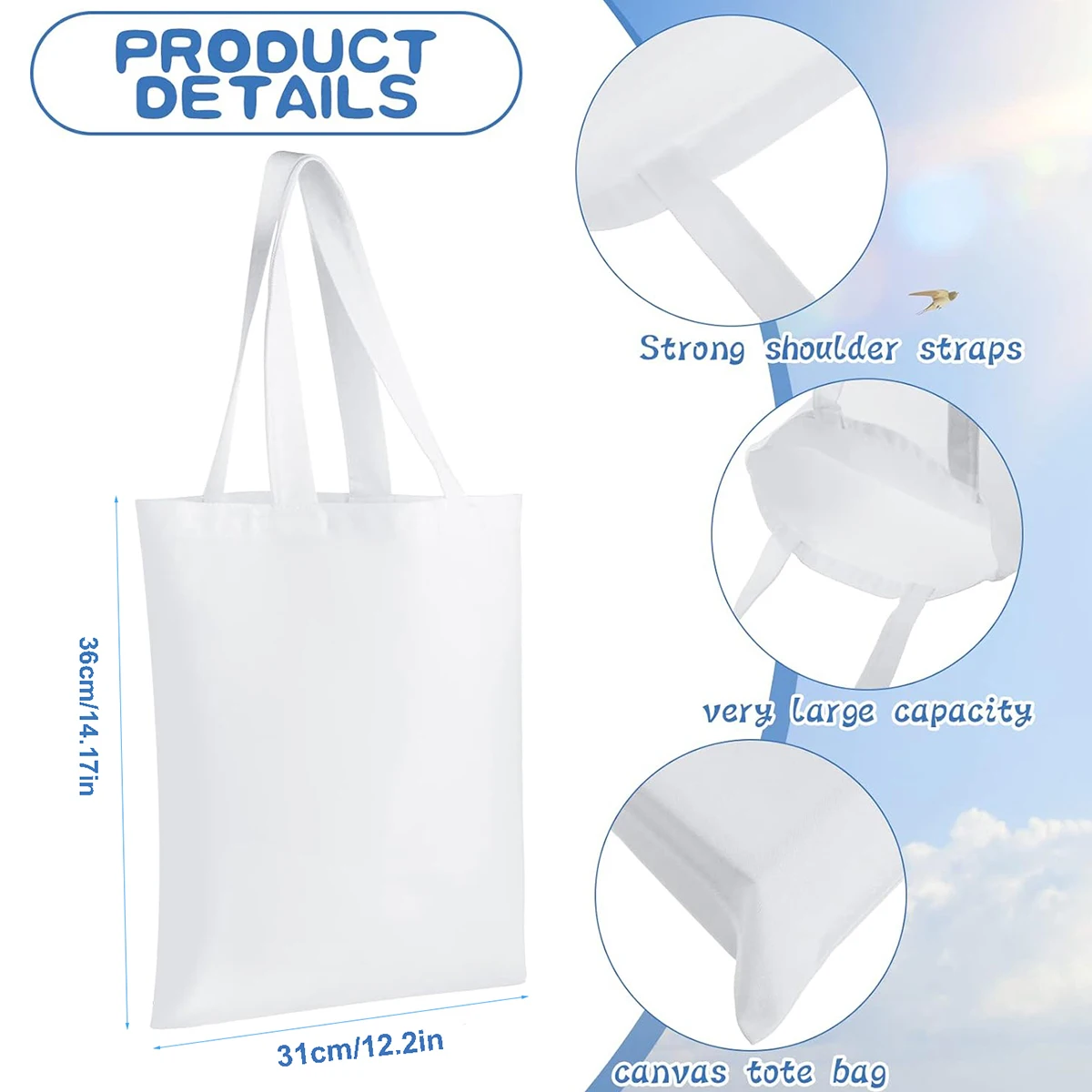 6pcs White Canvas Tote Bags, S - Tote Bag Sublimation บทวิจารณ์และราคา